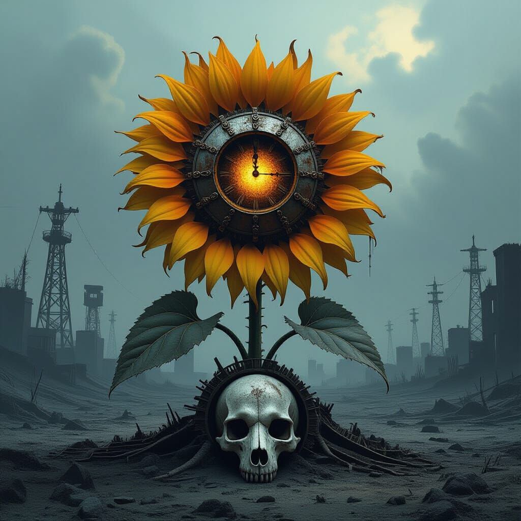 Clockwork Sunflower in Gritty Dark Fantasy Style
