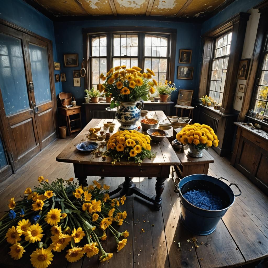 Golden and Delft Flowers on Butcher Table, Hyperrealist Pain...