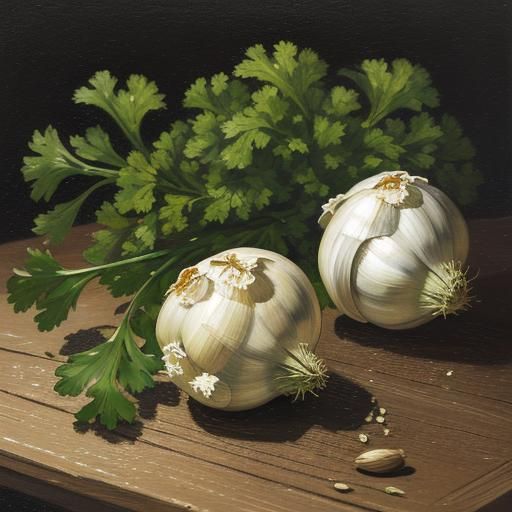 Garlic and Parsley Still Life as Impasto Painting