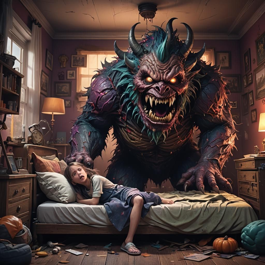 Brave Girl Confronts Monster Under Bed: Detailed Matte Paint...