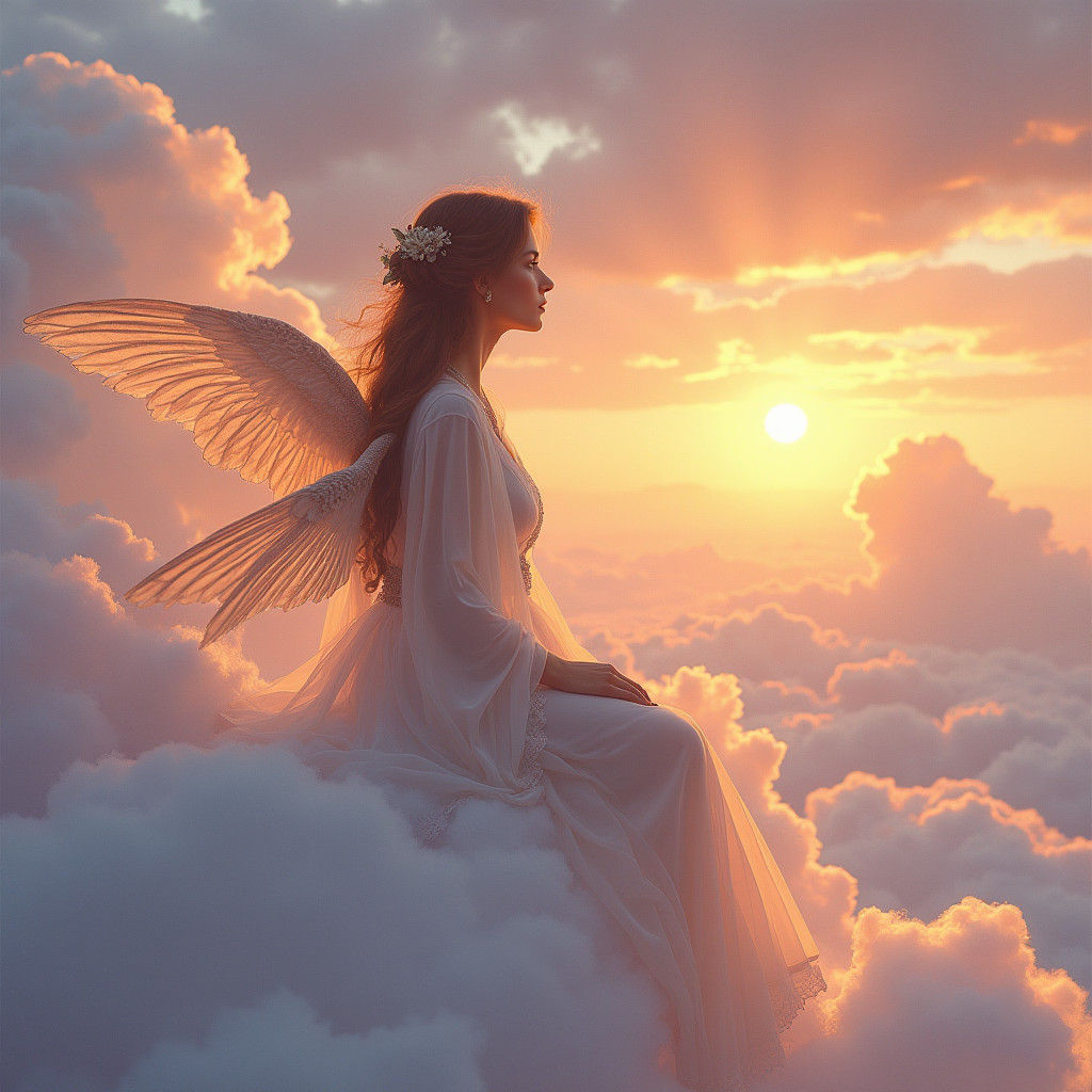 Winged Figure on Cloud Watching Sunset, Ethereal Illustratio...