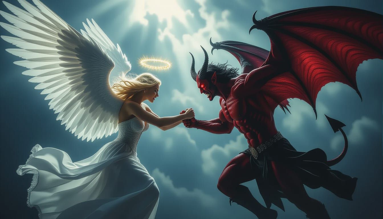 Angel vs Devil Epic Struggle Cinematic Photorealism