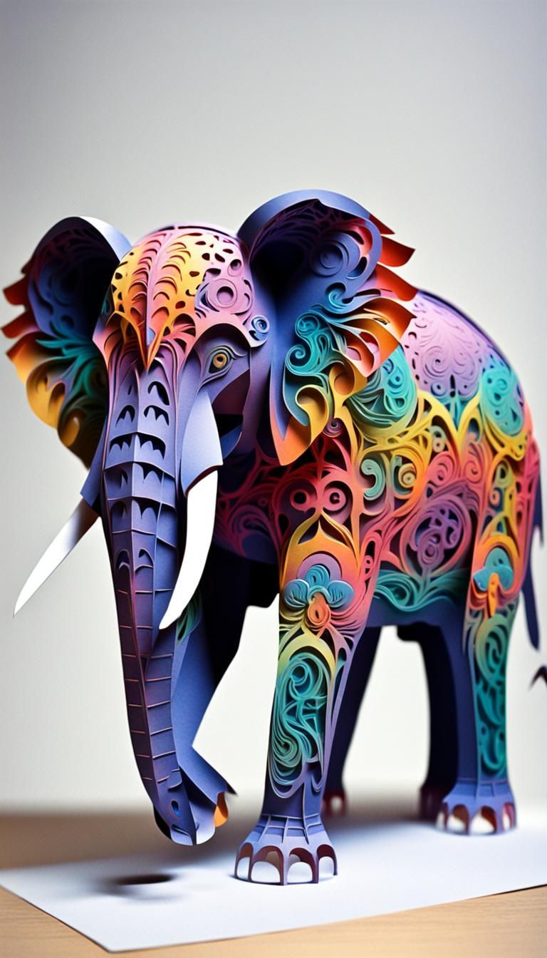 Colorful Kirigami Elephant Sculpture in 3D