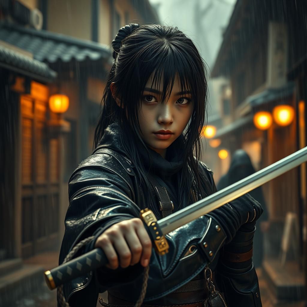 Cyberpunk Ninja Girl in Rain-Soaked Alley