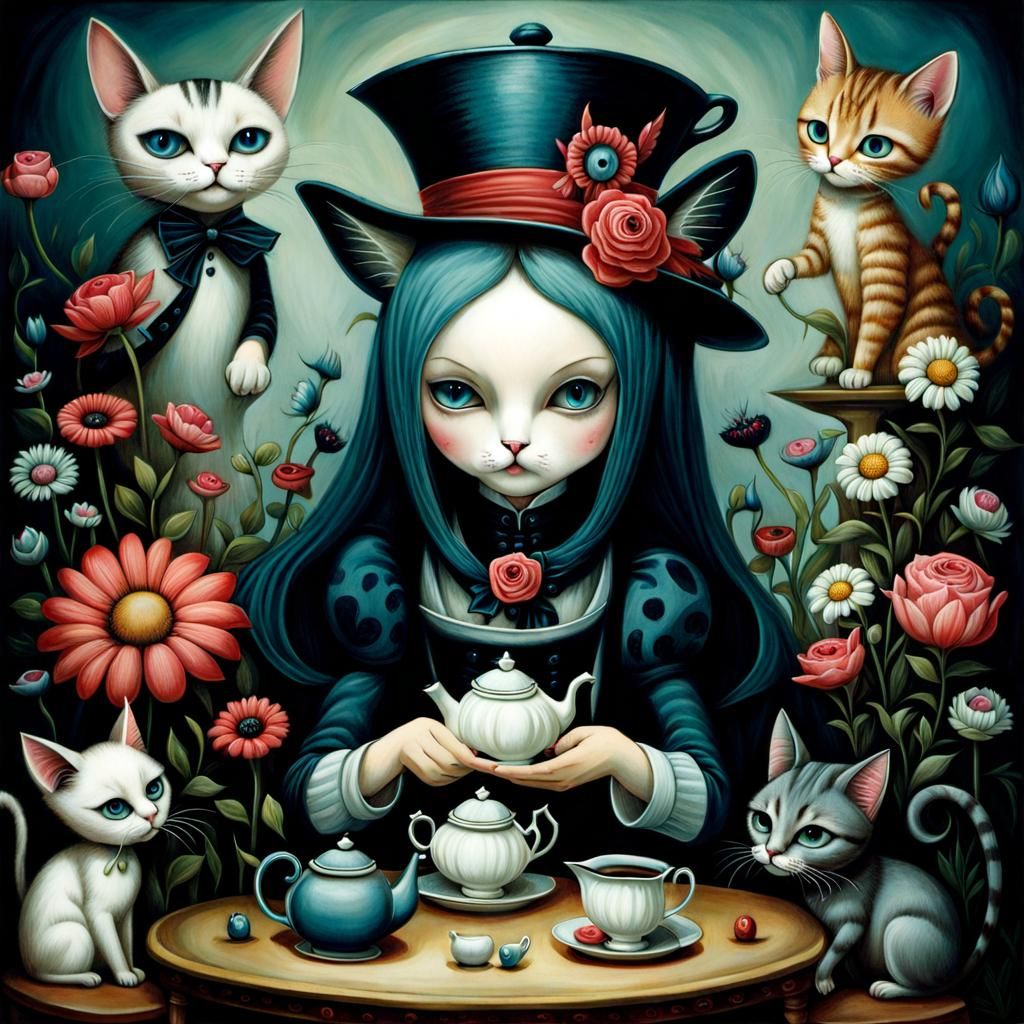 Gothic Punk Alice in Wonderland with Cats, Art Brut