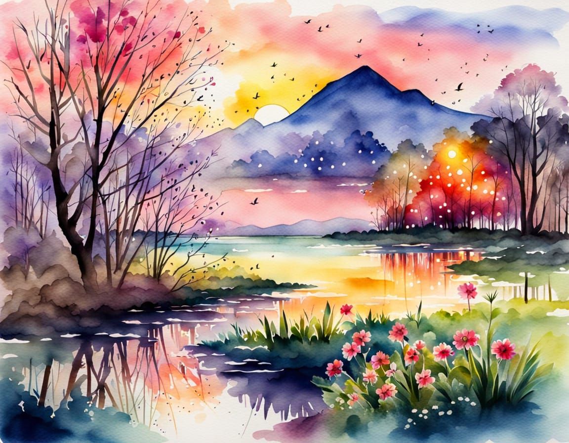 Vibrant Watercolor Sunset Landscape