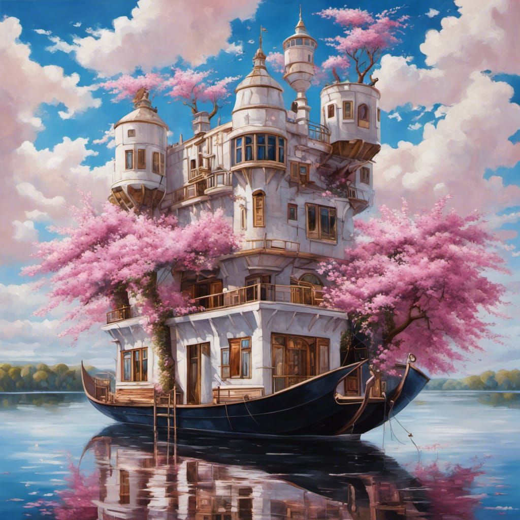 Fantasy Houseboat Castle in Hyperrealistic Oil Painting