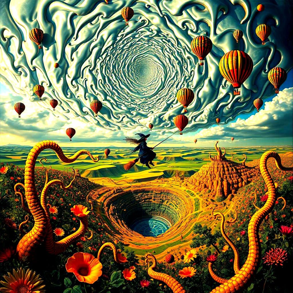 Surreal Landscape with Witch and Hot Air Balloons