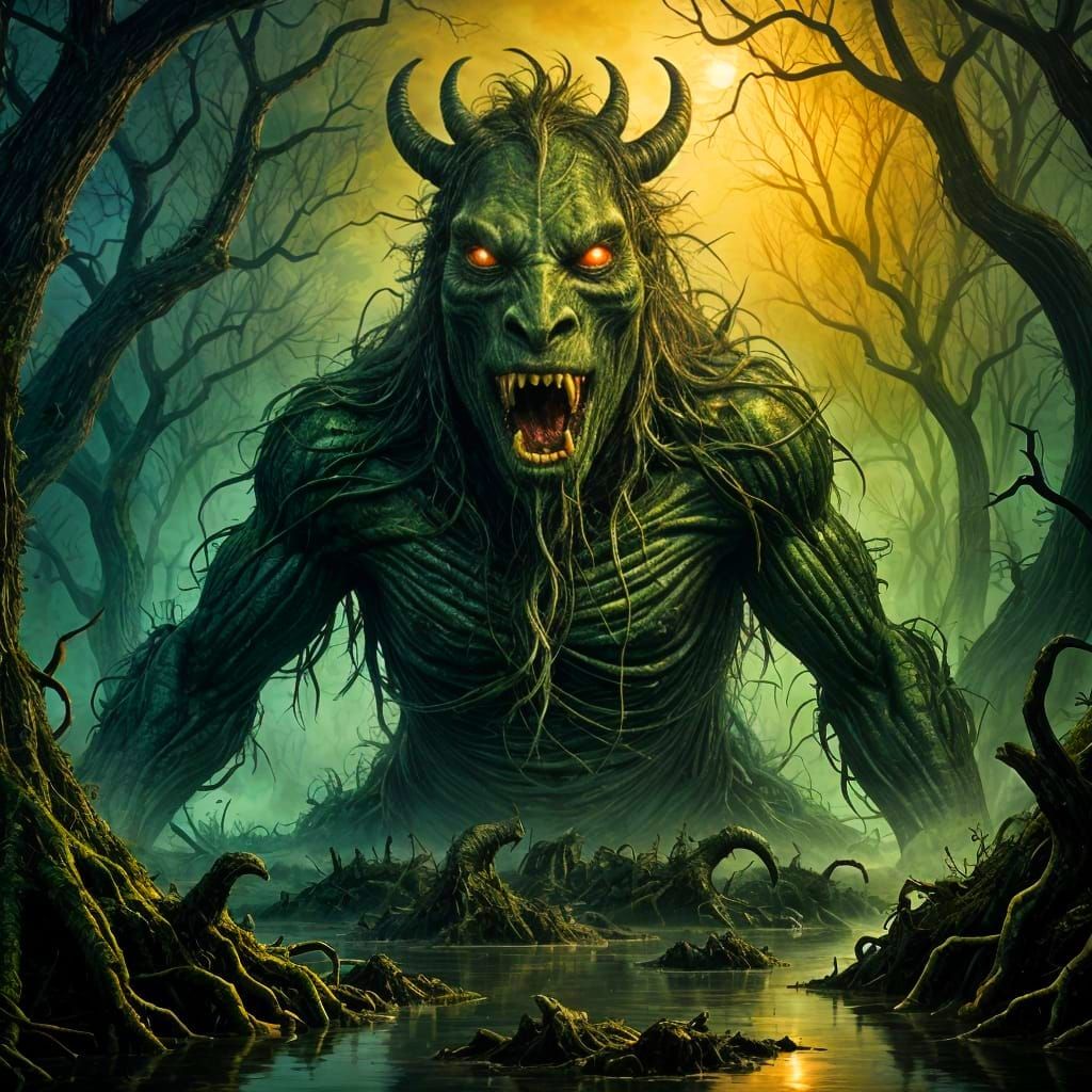 Eldritch Horsehead Monster Rising from Swamp