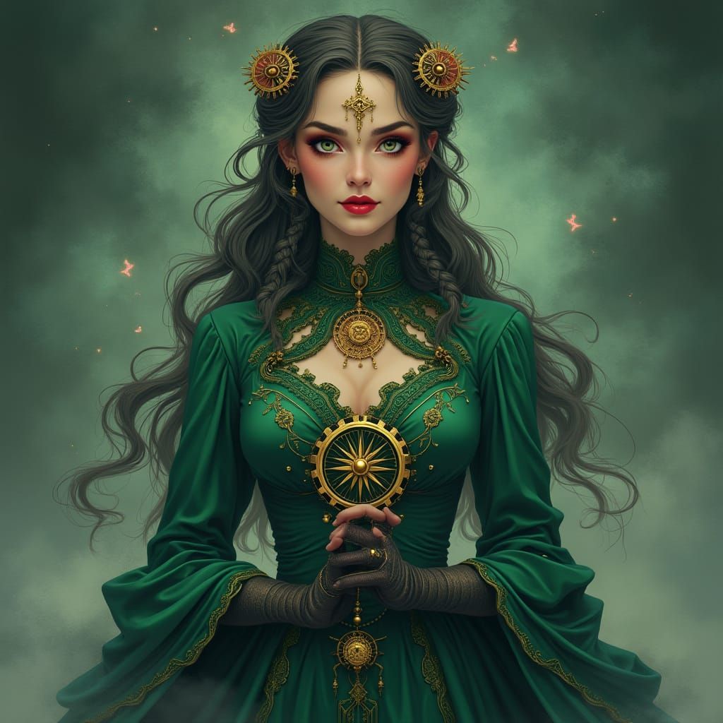 Mystical Steampunk Woman Portrait in Emerald Dress