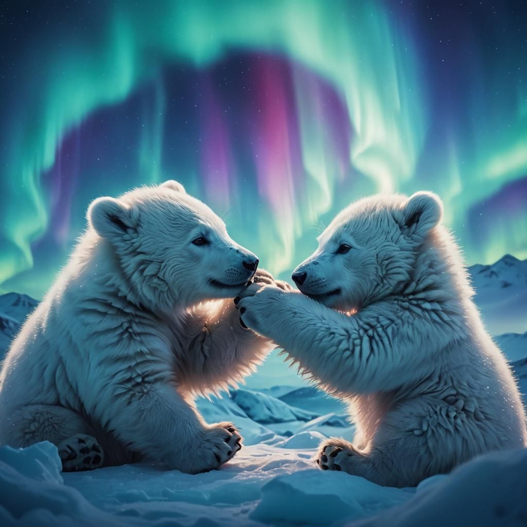 icebear cubs under a colourful northern lights.
