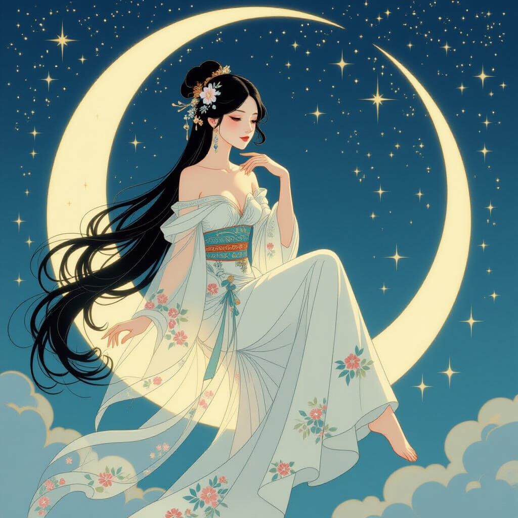 Asian Fairy on Crescent Moon in Art Nouveau Style