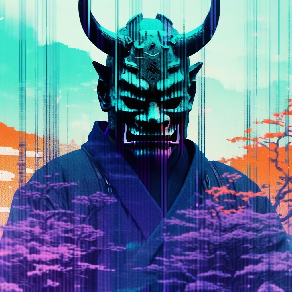 Glitched Oni Mask in Dystopian Japanese Landscape