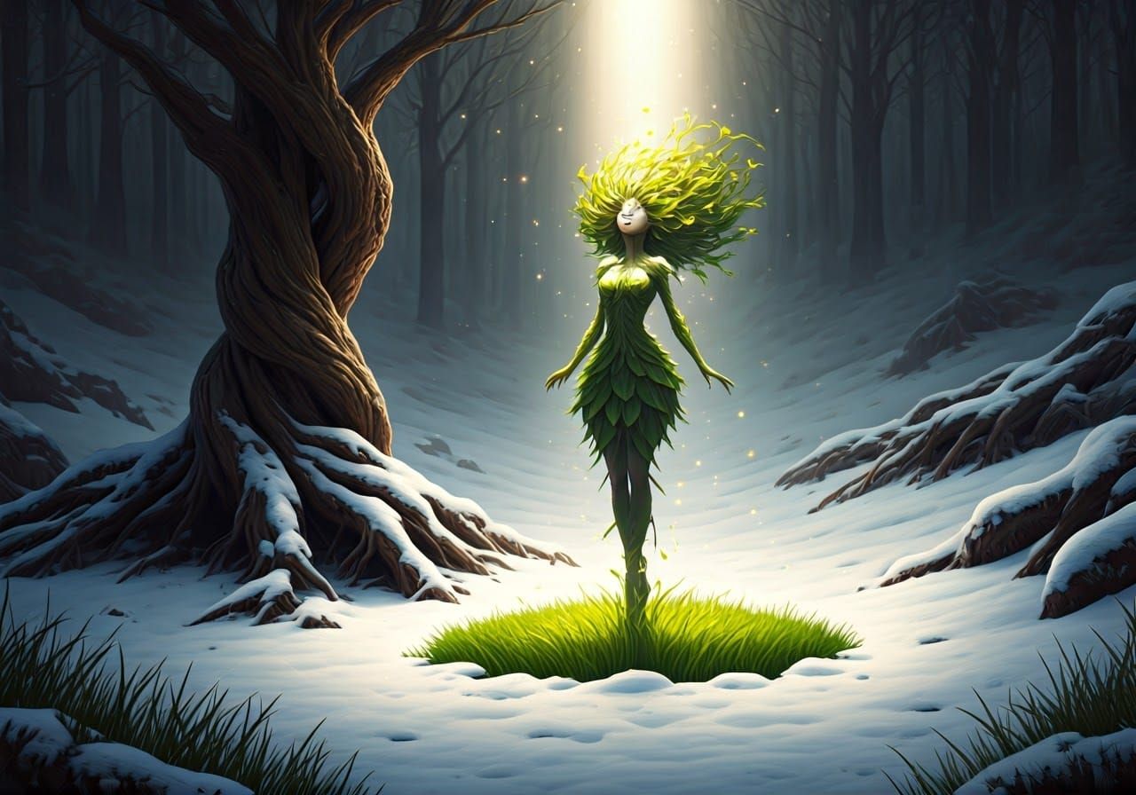 Ethereal Fairy Emerges in Winter Forest Landscape