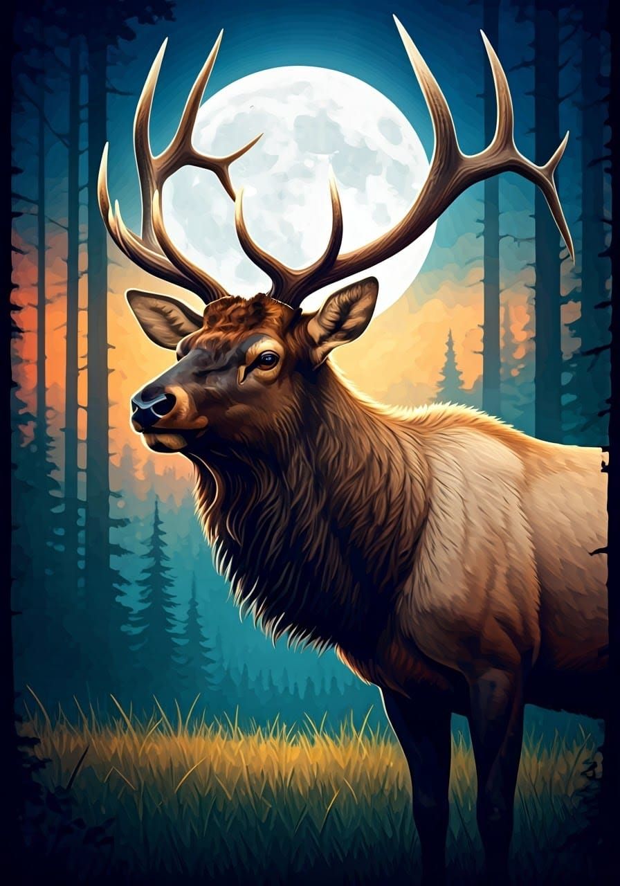 Majestic Elk Under Full Moon in Hyperreal Style
