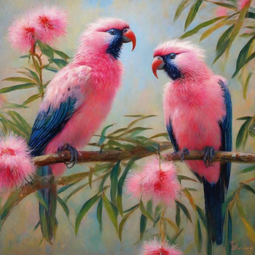 Lovebirds in Neo-Impressionist Botanical Illustration