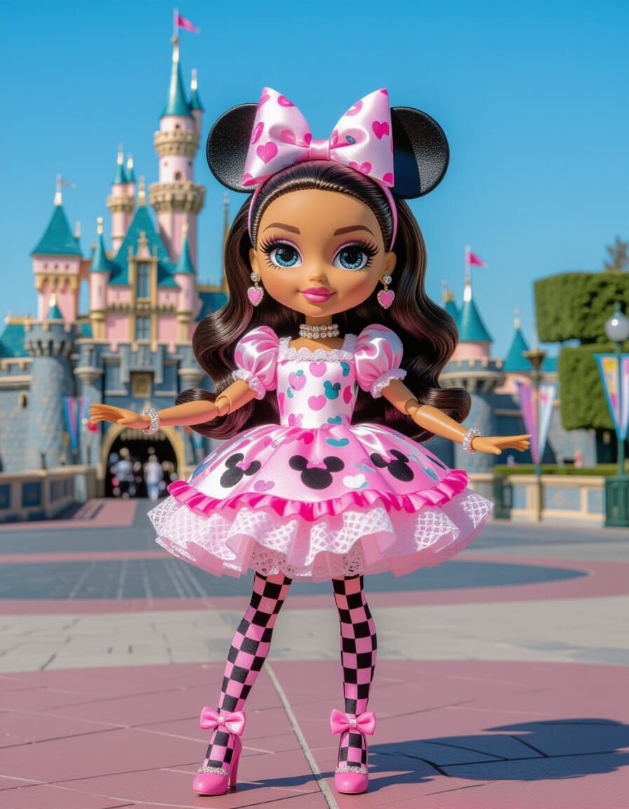 Bratz Doll in Minnie Dress at Disneyland, Whimsical Art