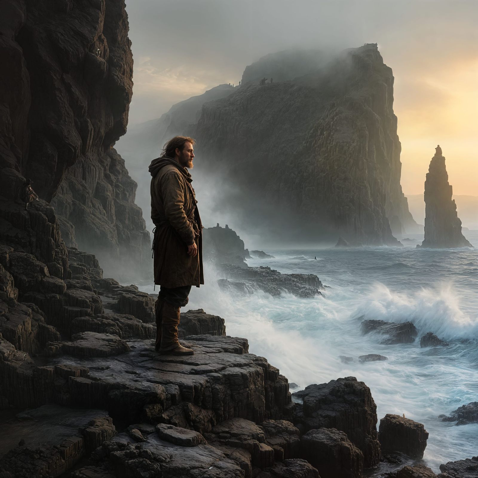 Romantic Silhouetted Fisherman on Basalt Column