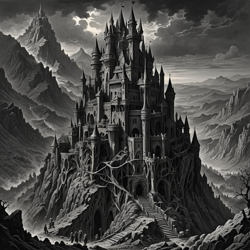 Macabre Bone Castle on Mountain, Horror Art