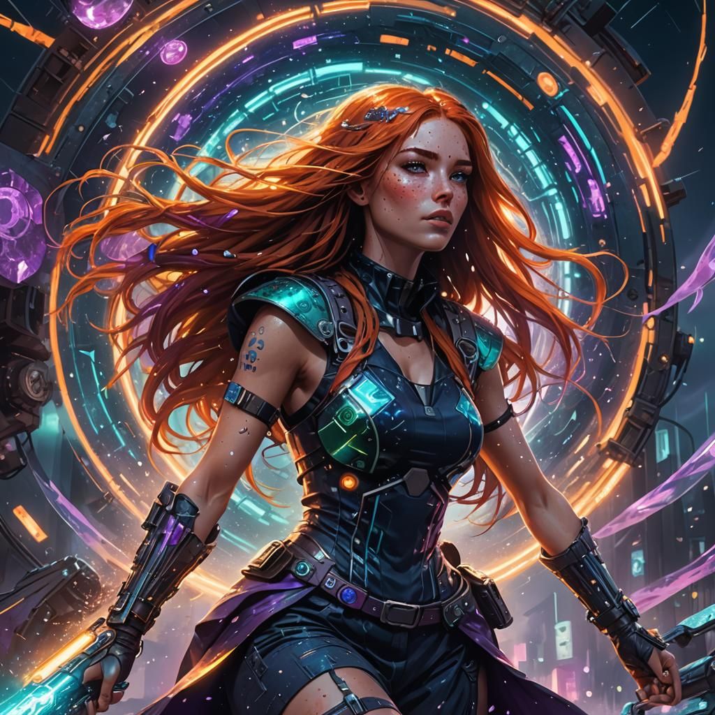 Orange-Haired Girl Runs in Supernova, Cyberpunk Style