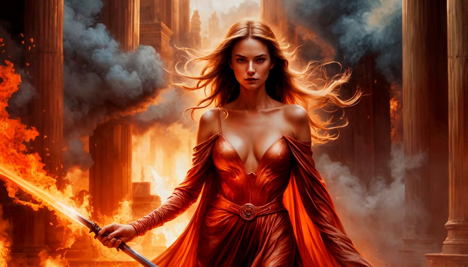 Sfumato Fine Art Painting of a Fire-Sword Wielding Warrior