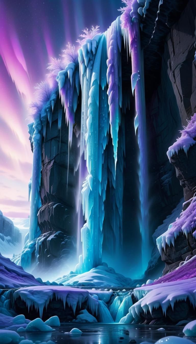 Mystical Frozen Waterfall in Arctic Valley: Digital Art