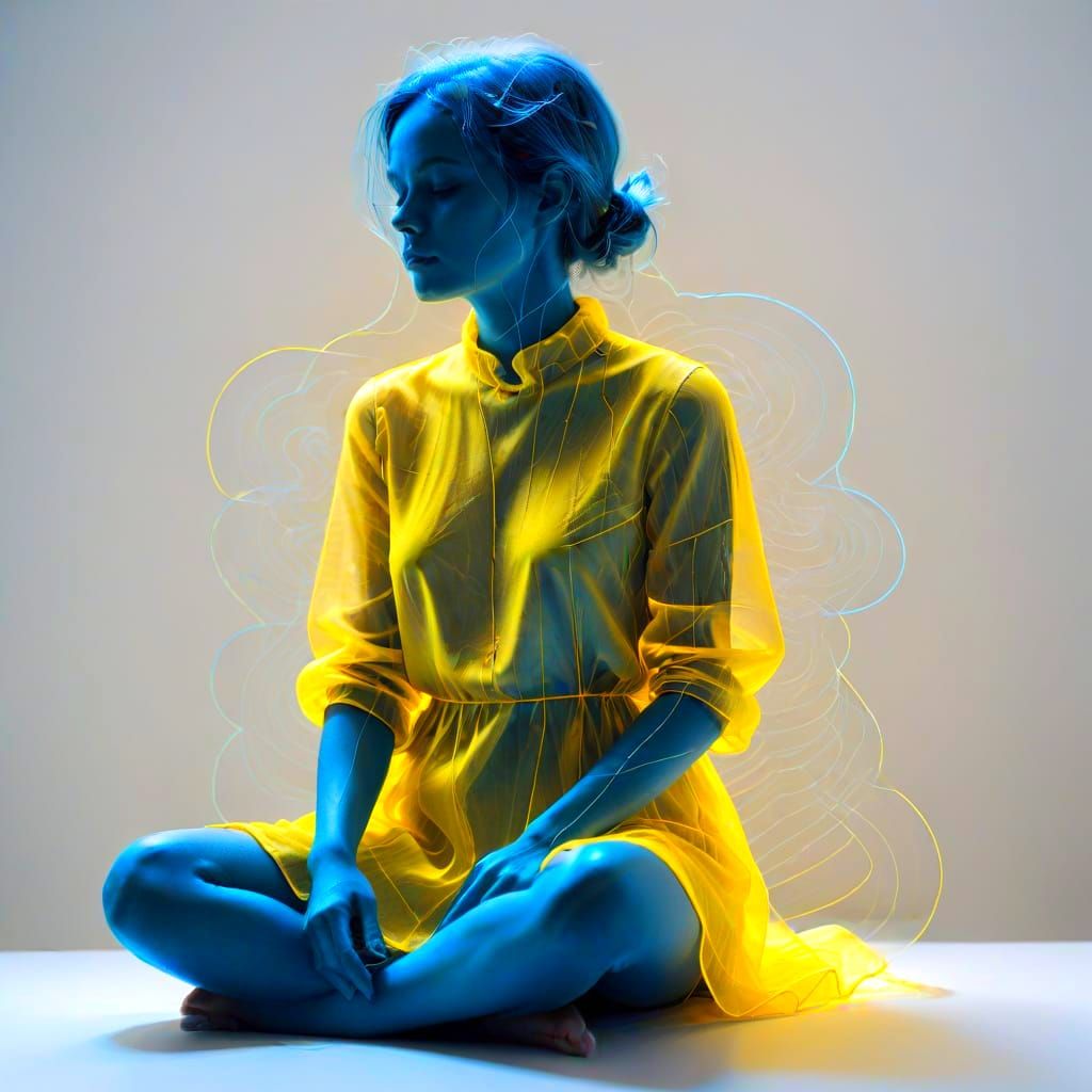 Minimalist Fluxus Photo of Woman on Cloud in Neon