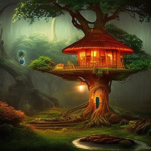 Luminescent Mushroom and Tree House: Digital Matte Painting