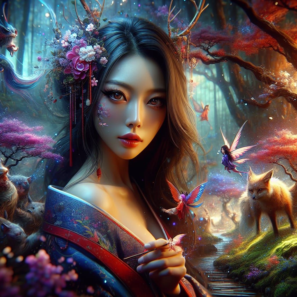 Mystical Japanese Forest Portrait in Splash Art Style