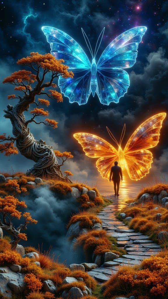 Crystalline Geode Butterfly with Bonsai and Aurora