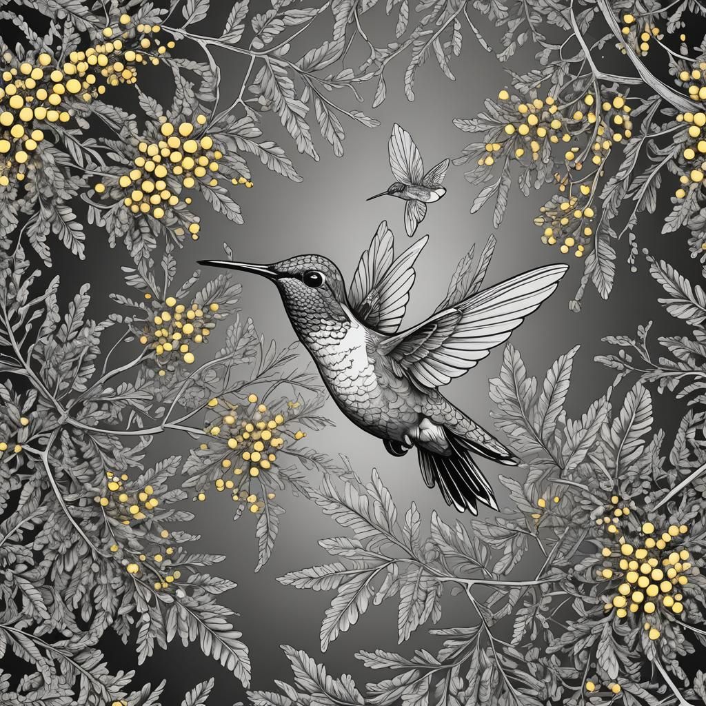 Hummingbird and Mimosa Line Drawing with Zentangle