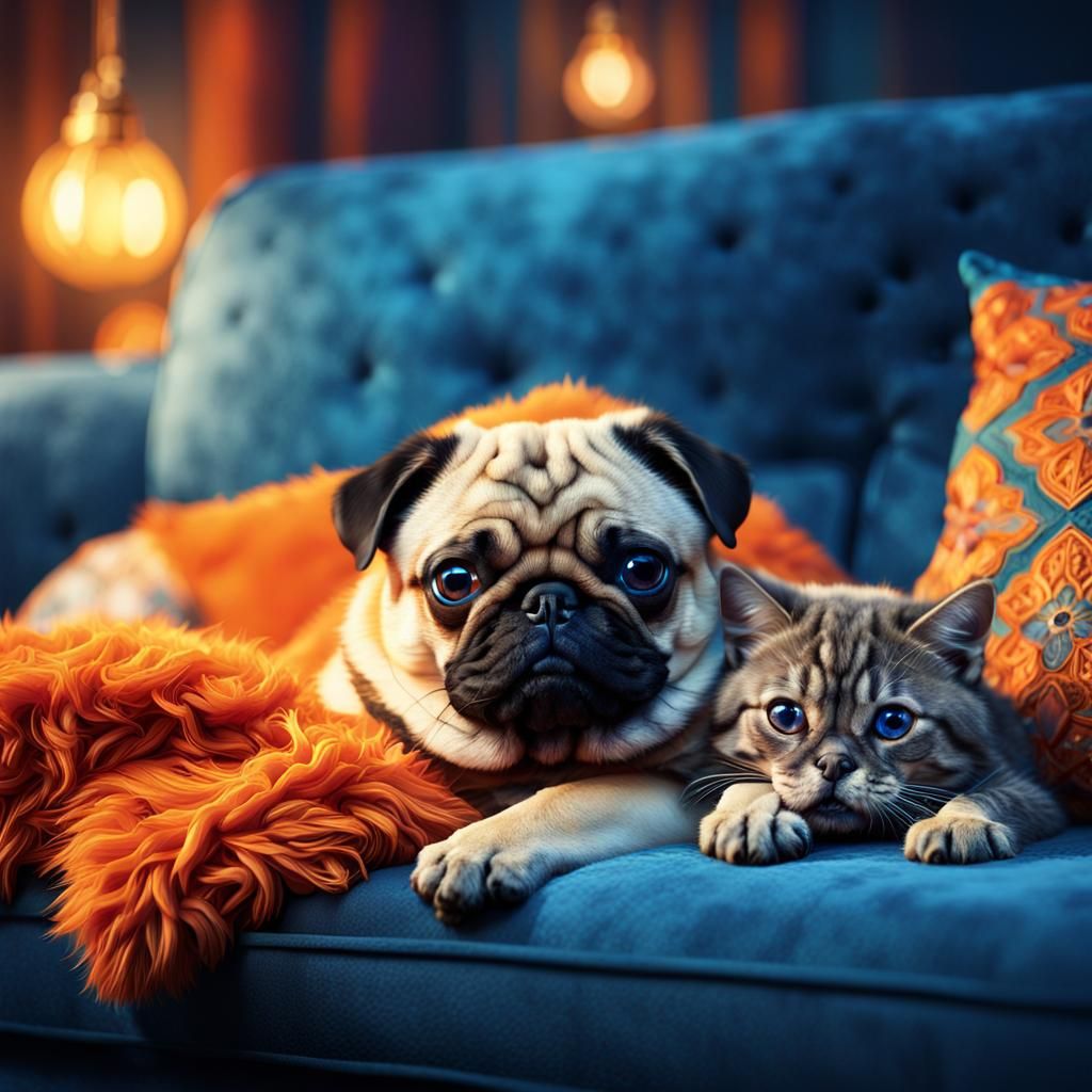 Pug and Kitten Cuddle: Whimsical Fantasy Art
