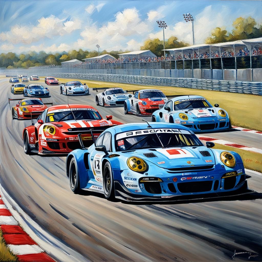 GT3 Cars Racing: An Oil Painting Inspired by Gurney
