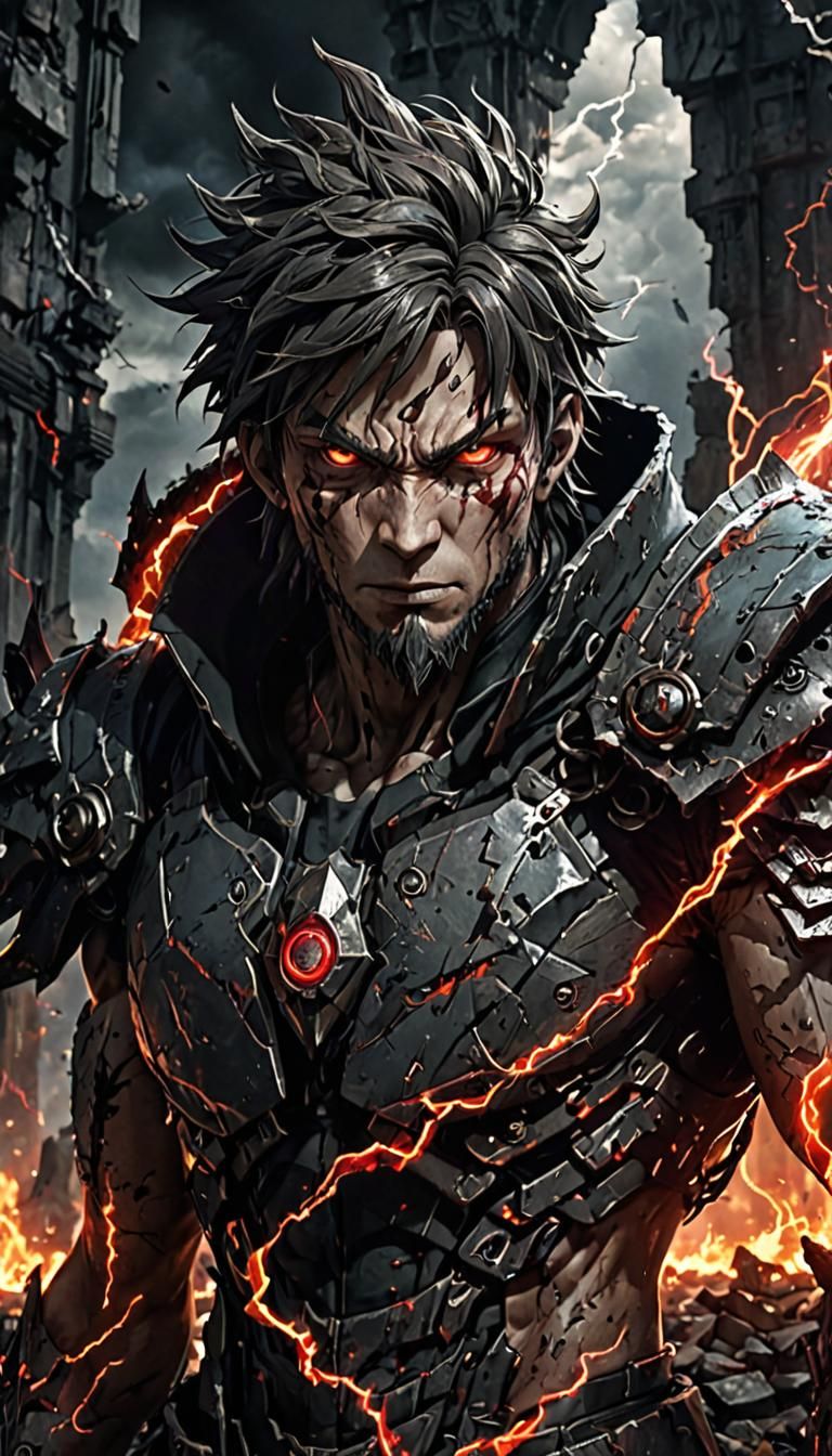 Menacing Anime Character Amid Crumbling Ruins