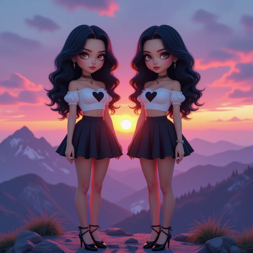 A Dreamy and ethereal image of two young stunning women twin...