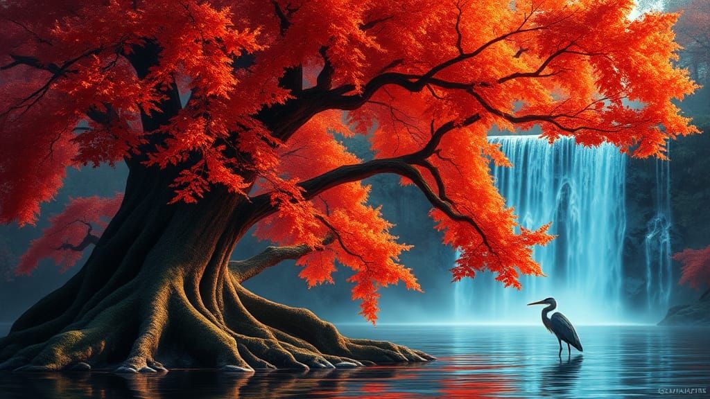 Ancient Tree and Neon Waterfall Digital Painting