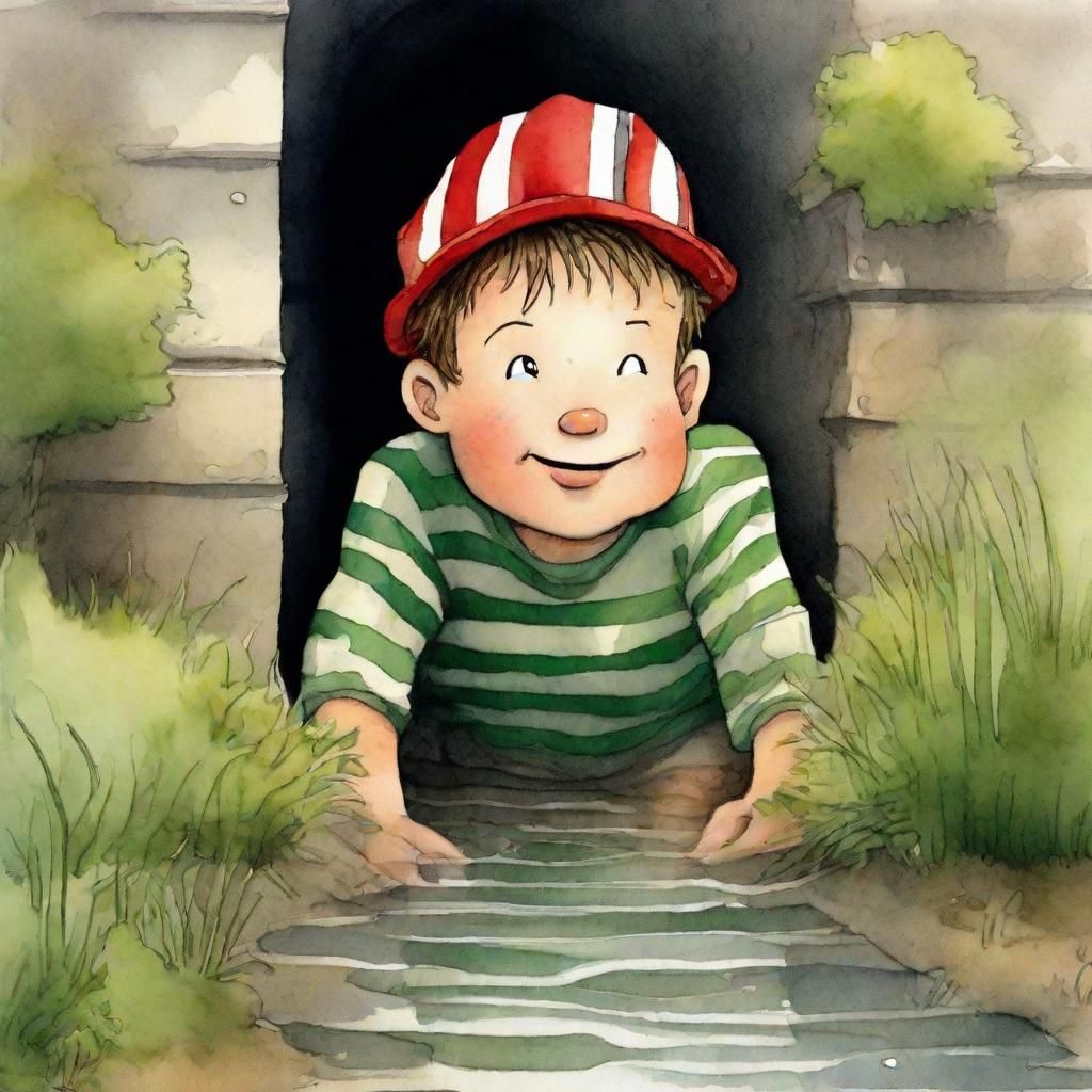 Waldo in a Storm Drain: Whimsical Watercolor Illustration