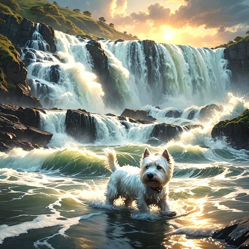 Westie Walks on Water in Stormy Digital Painting