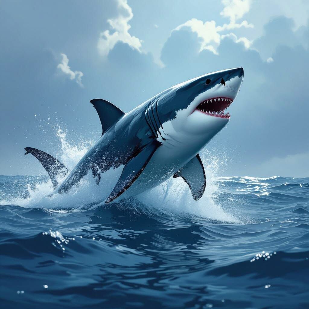 Fierce Great White Shark Breaching Ocean Surface