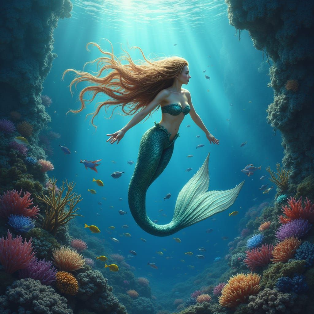 Mermaid in Bioluminescent Coral Reef Fantasy Art