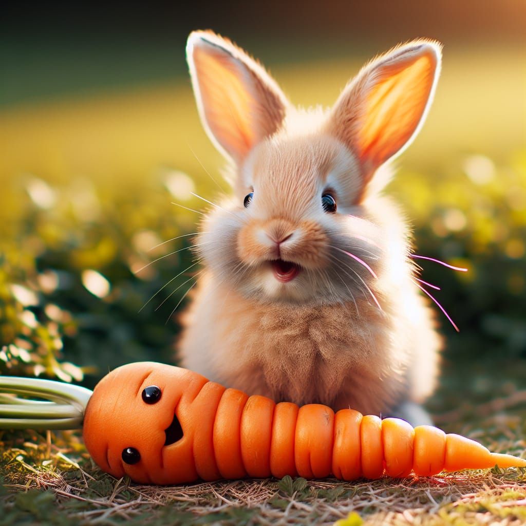 Amused Rabbit Laughing at Whimsical Carrot