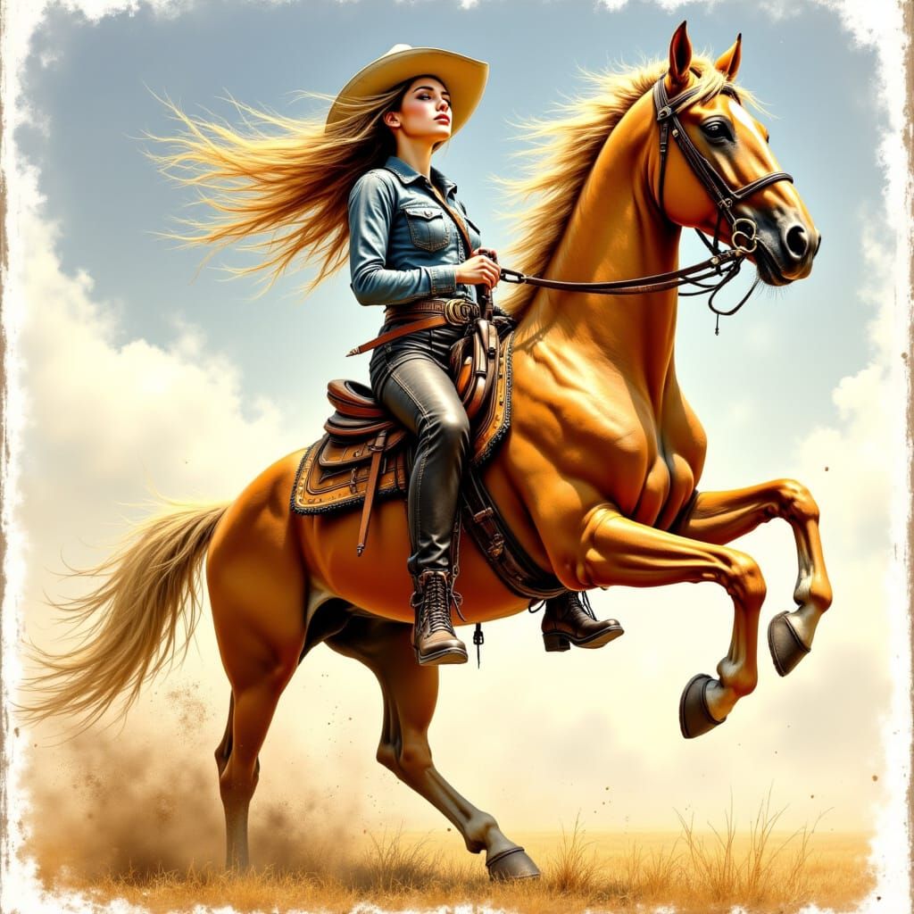 Cowgirl on Rearing Horse, Western Art Style