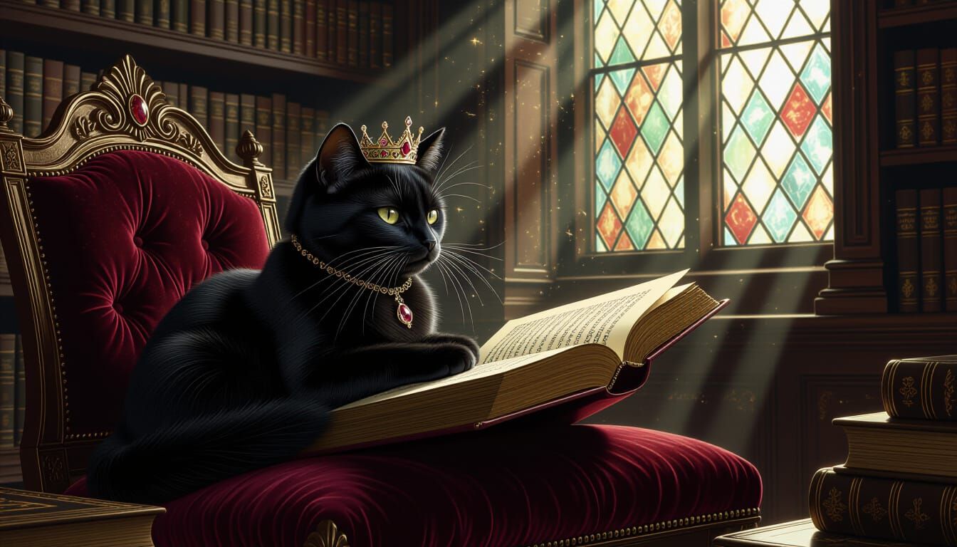 Majestic Black Cat with Crown in Ancient Library