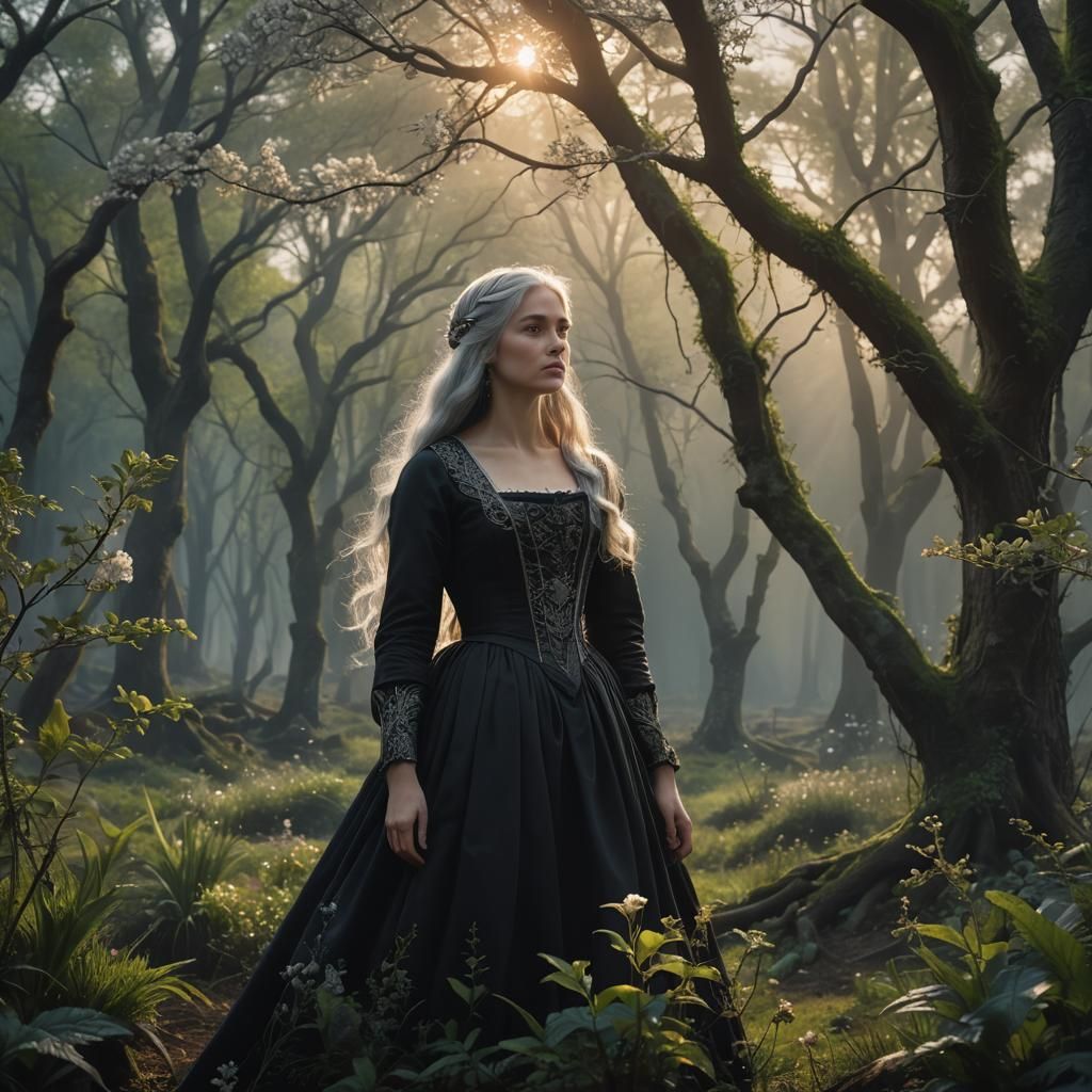 Spring Forest Sunrise with Silver-Haired Woman