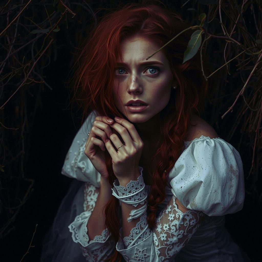 Dramatic Portrait of a Scared Bride in Tattered Wedding Dres...