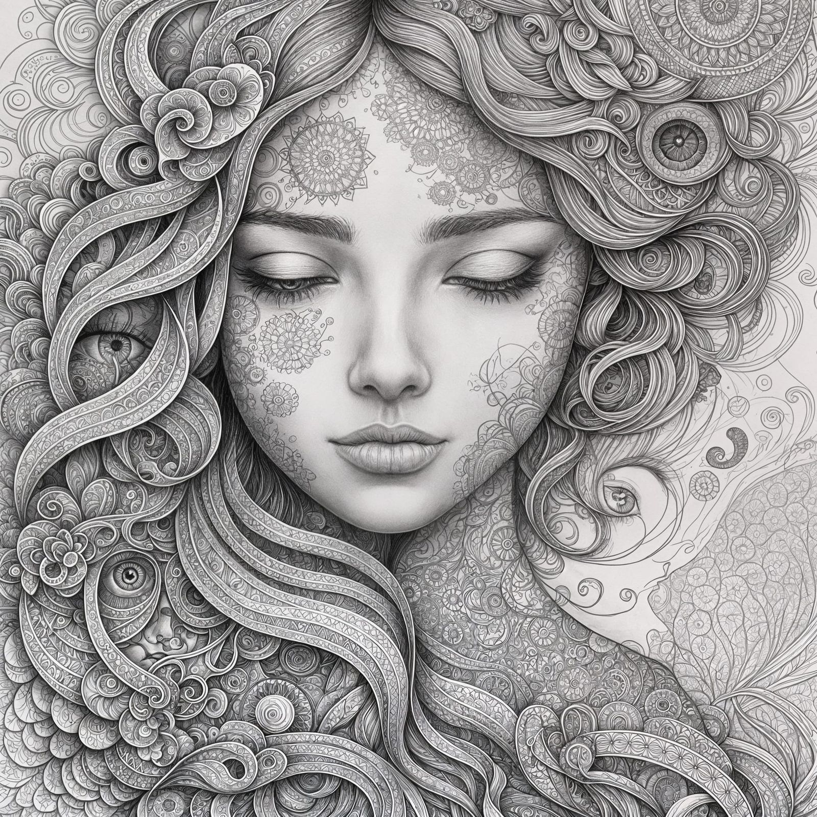 Doodle Art Woman's Face in Serene Contemplation