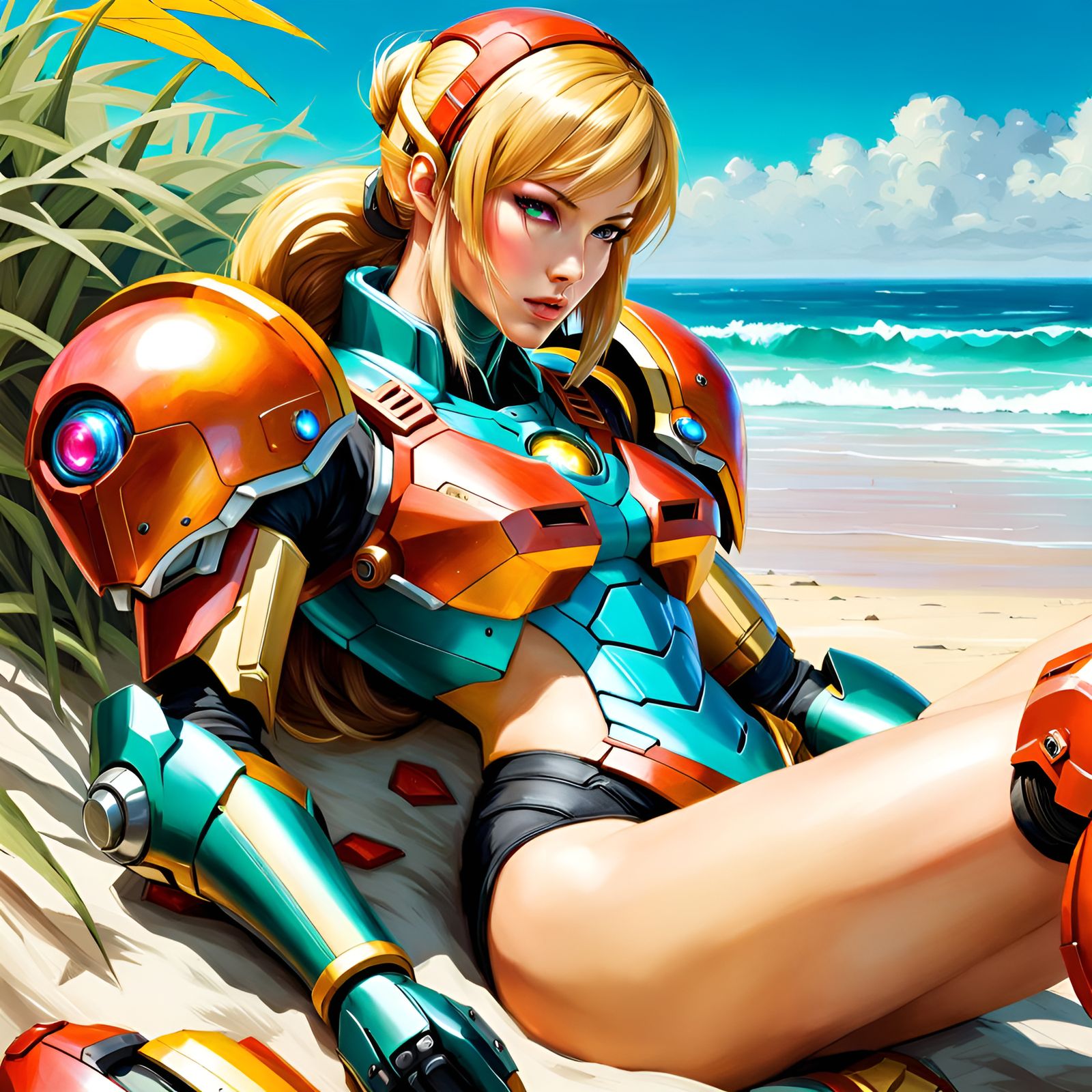 Samus Aran Relaxing on the Beach, Detailed Portrait