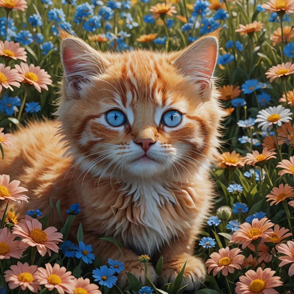Fluffy Tabby Kitten with Blue Eyes in Flower Field