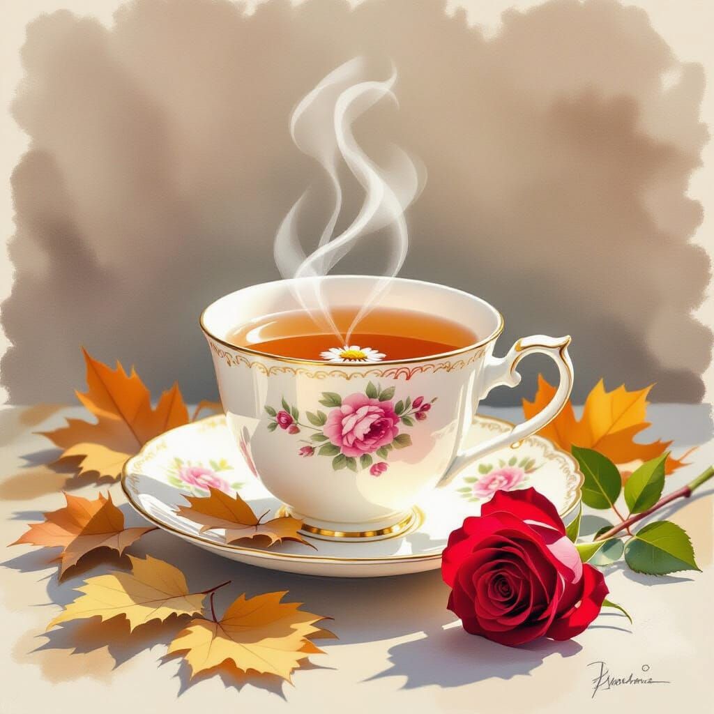 Chamomile Tea Still Life with Autumn Leaves