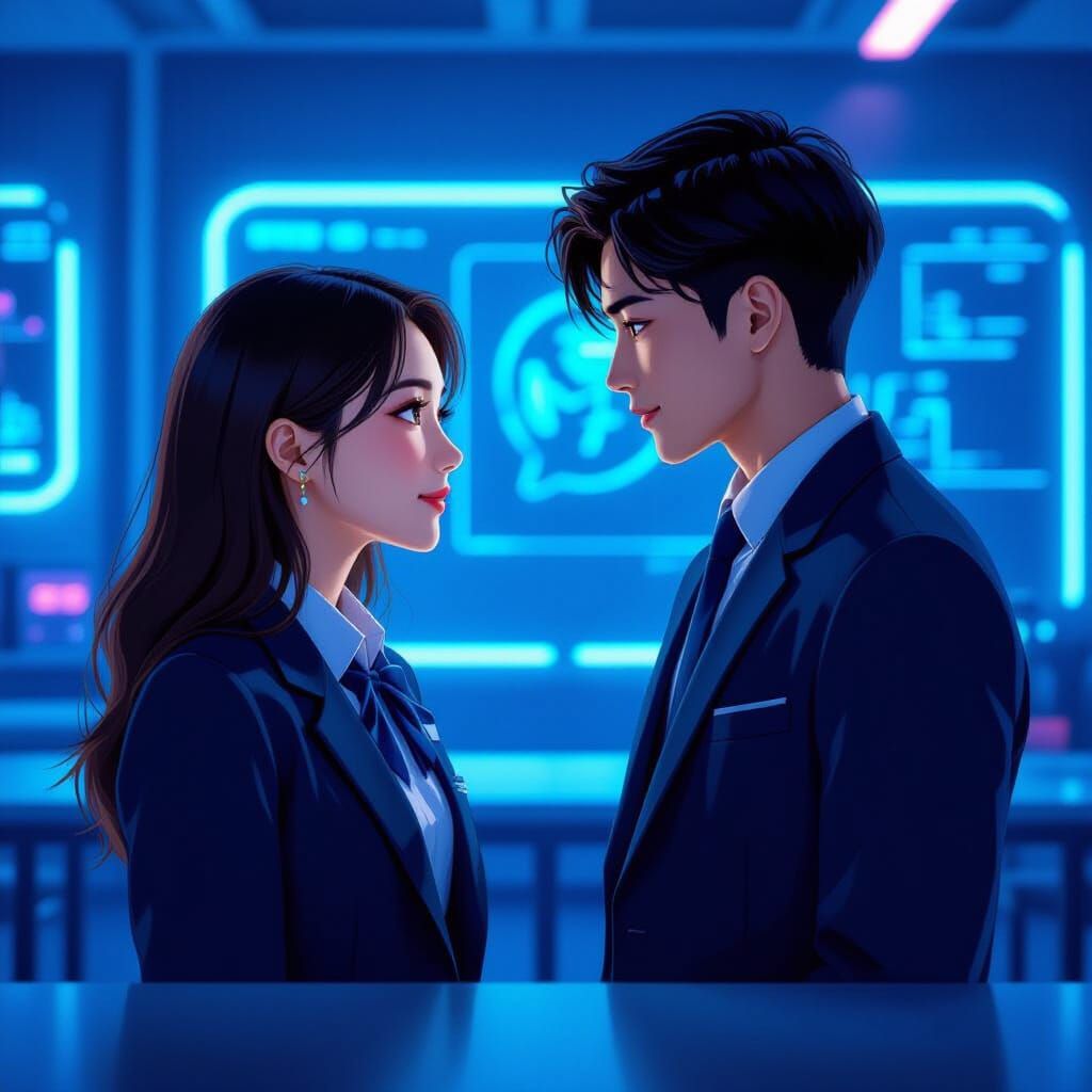 Futuristic Classroom Romance in Syd Mead Style